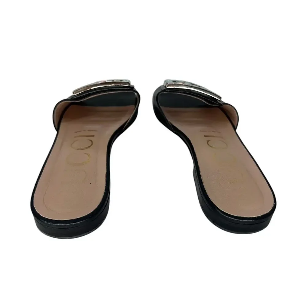 Gucci Leather Madelyn Crystal G Logo Slide Flats Sandals Black Size 36.5
